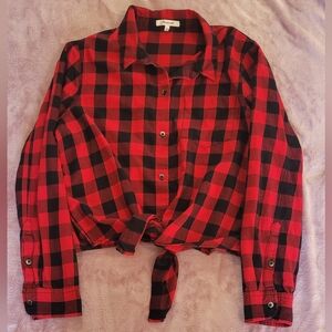 Madewell Womens XL Red Black Buffalo Plaid Check Flannel Tie Front Top Shirt